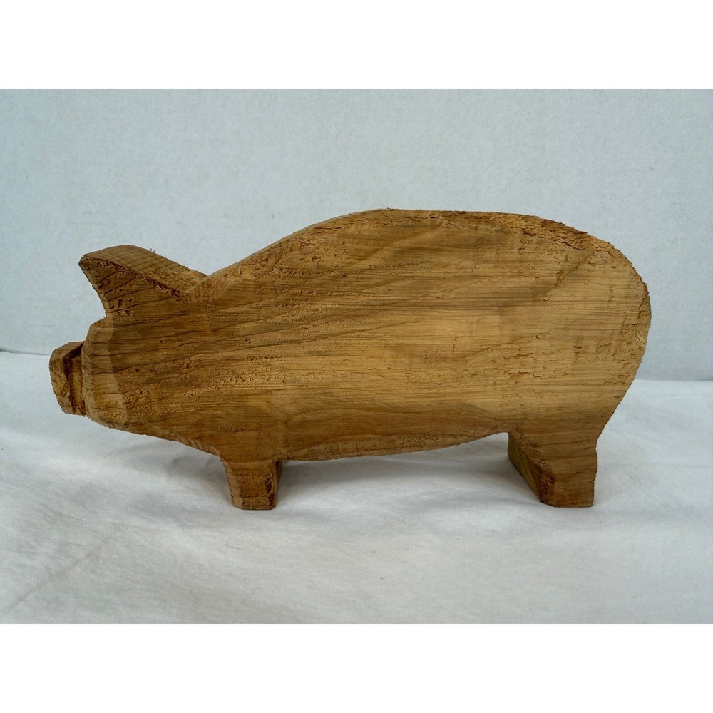 Vintage Hand Carved Wood Pig Figurine Rustic Farmhouse Folk Art Sculpture 10"